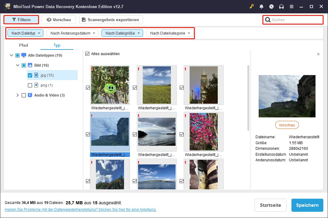 Verwendung von Filter und Suche zum Auffinden von Dateien in MiniTool Power Data Recovery