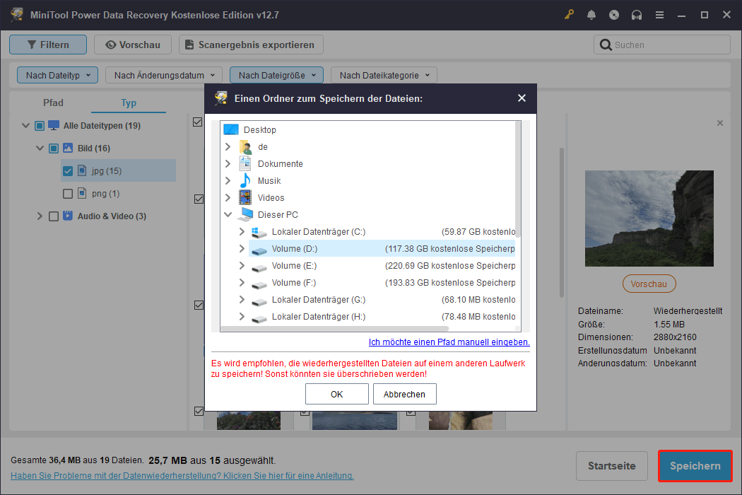 Speicherung der wiederhergestellten Dateien