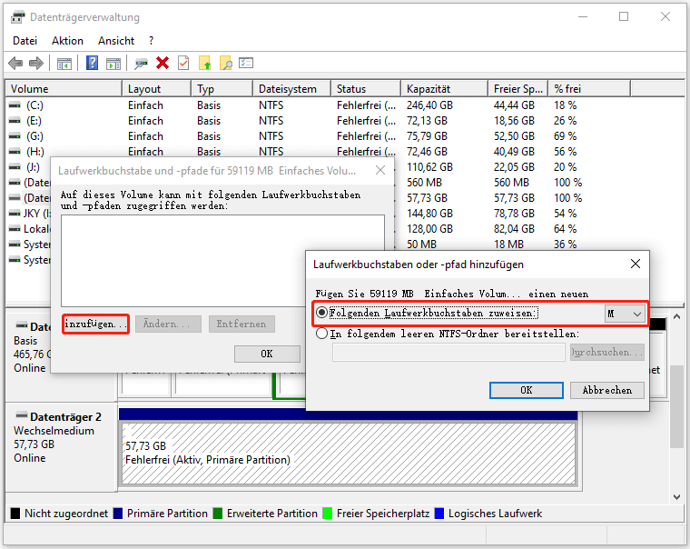 Weisen Sie dem Laufwerk einen Laufwerksbuchstaben in der Datenträgerverwaltung zu.