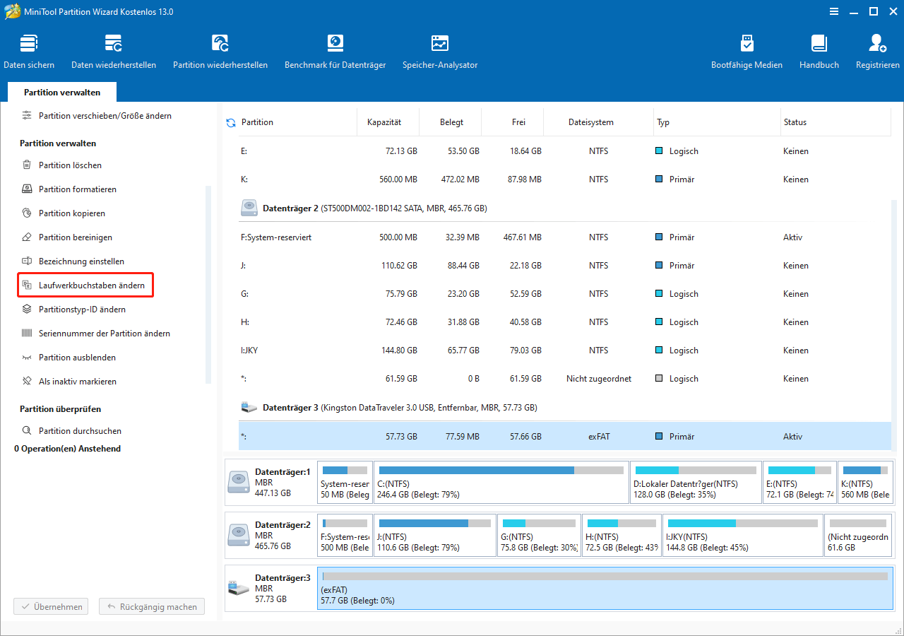 Auswahl von der Funktion Laufwerksbuchstaben ändern in MiniTool Partition Wizard.