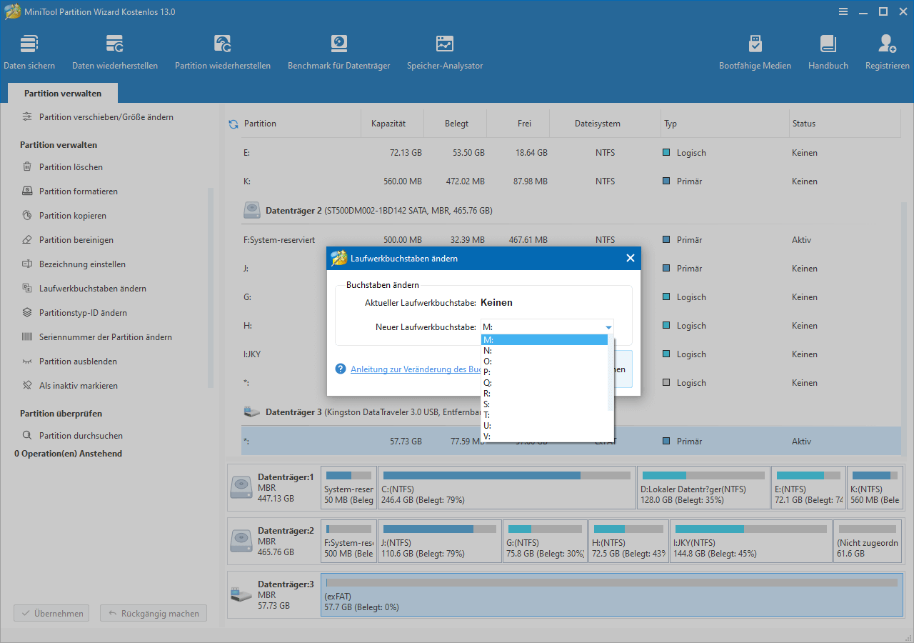 Auswahl eines Laufwerksbuchstabens in MiniTool Partition Wizard.