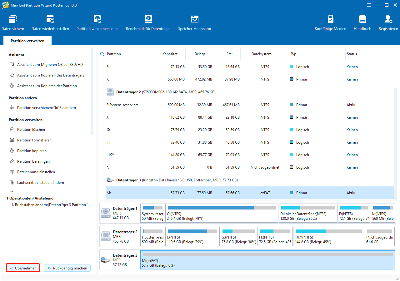 Klicken Sie auf Übernehmen, um den Vorgang in MiniTool Partition Wizard auszuführen.