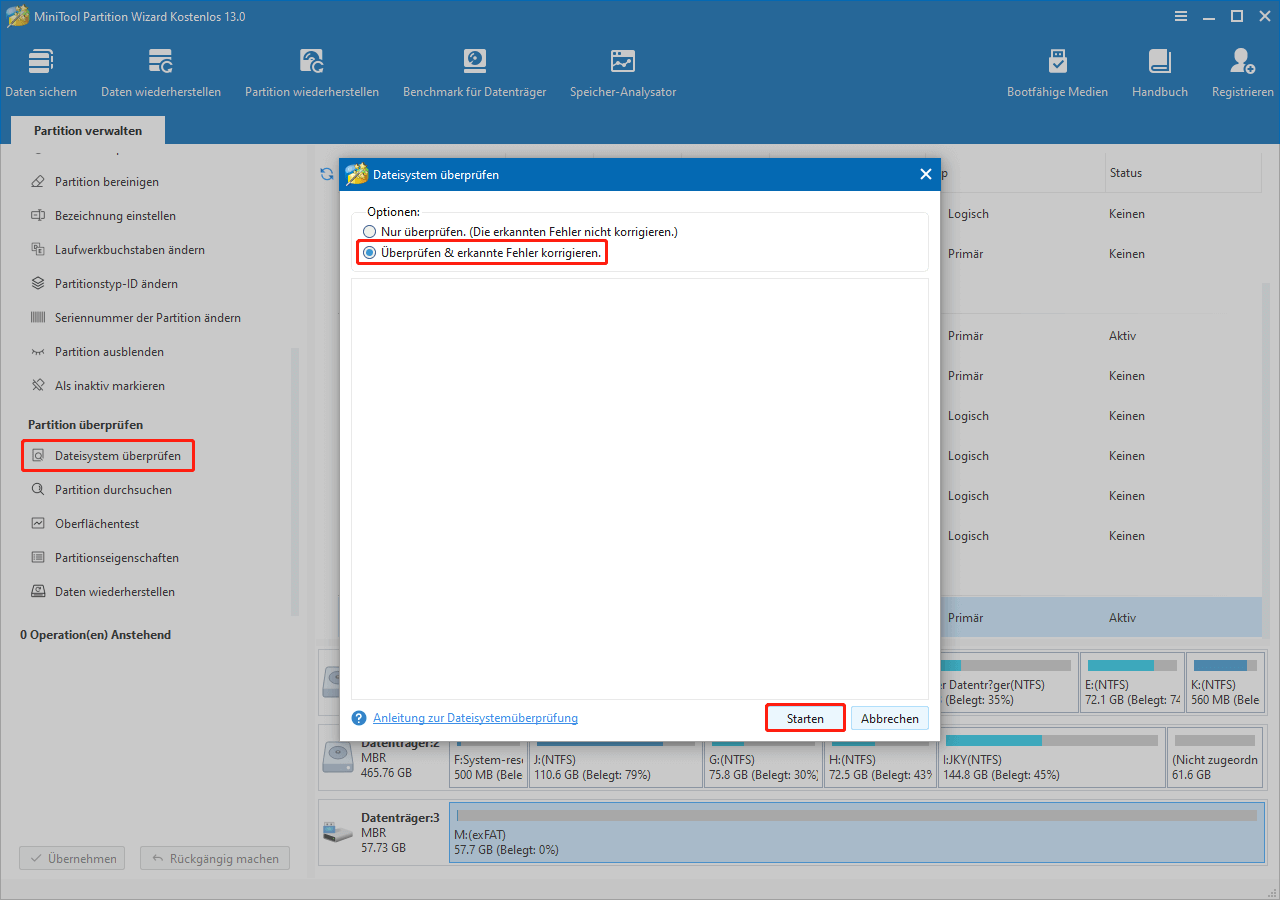 Wählen Sie Überprüfen& Erkannte Fehler korrigieren in MiniTool Partition Wizard.