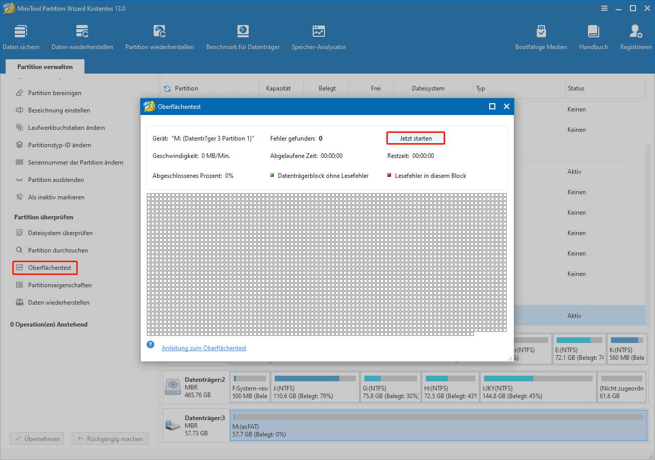 Starten eines Oberflächentests in MiniTool Partition Wizard.