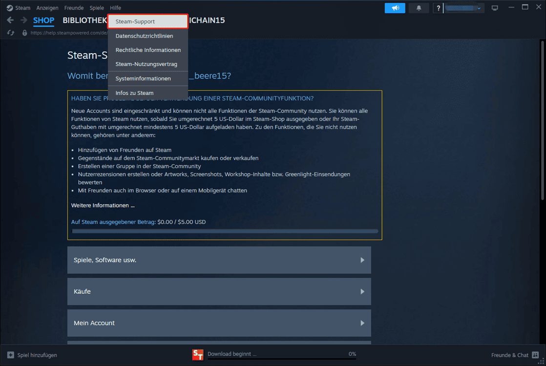 Die Support-Seite von Steam.