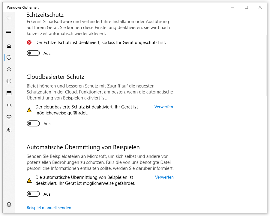 Ein Screenshot zum Deaktivieren der Schutzfunktionen in der Windows-Sicherheit.