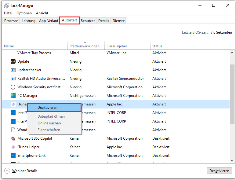 Ein Screenshot zum Deaktivieren eines unnötigen Autostartprogramms im Task-Manager.