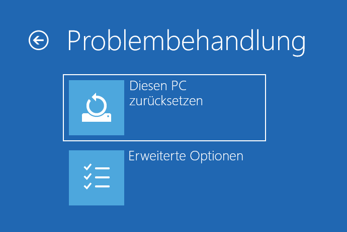 Markierung der Option Diesen PC zurücksetzen auf dem Bildschirm Problembehandlung.
