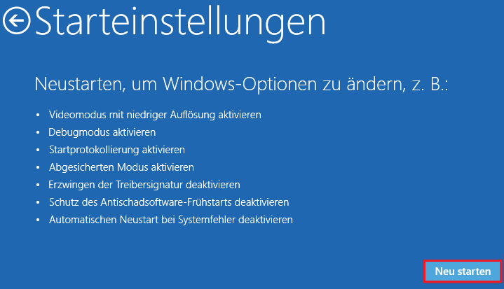Markierung der Option Neu starten auf dem Bildschirm Starteinstellungen.