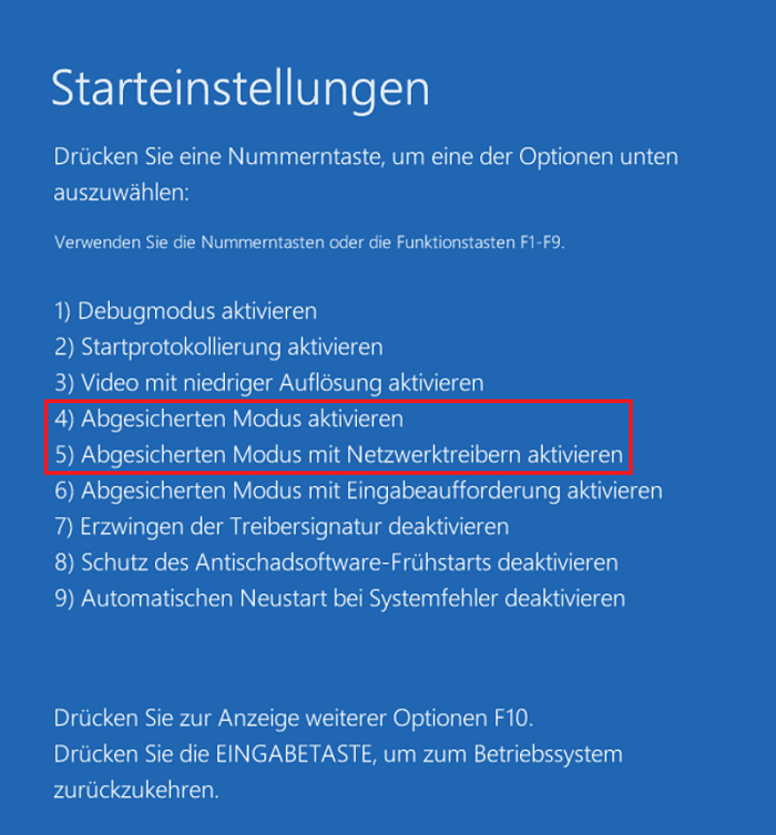 Ein Screenshot zum Aktivieren des abgesicherten Modus ohne oder mit Netzwerktreibern unter Windows.
