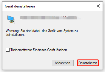 Markierung der Schaltfläche Deinstallation zur Bestätigung im Popup-Fenster.