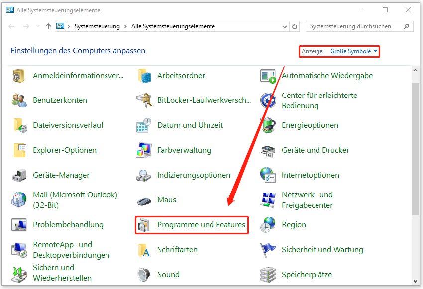 Markierung von Programme und Features in der Systemsteuerung.