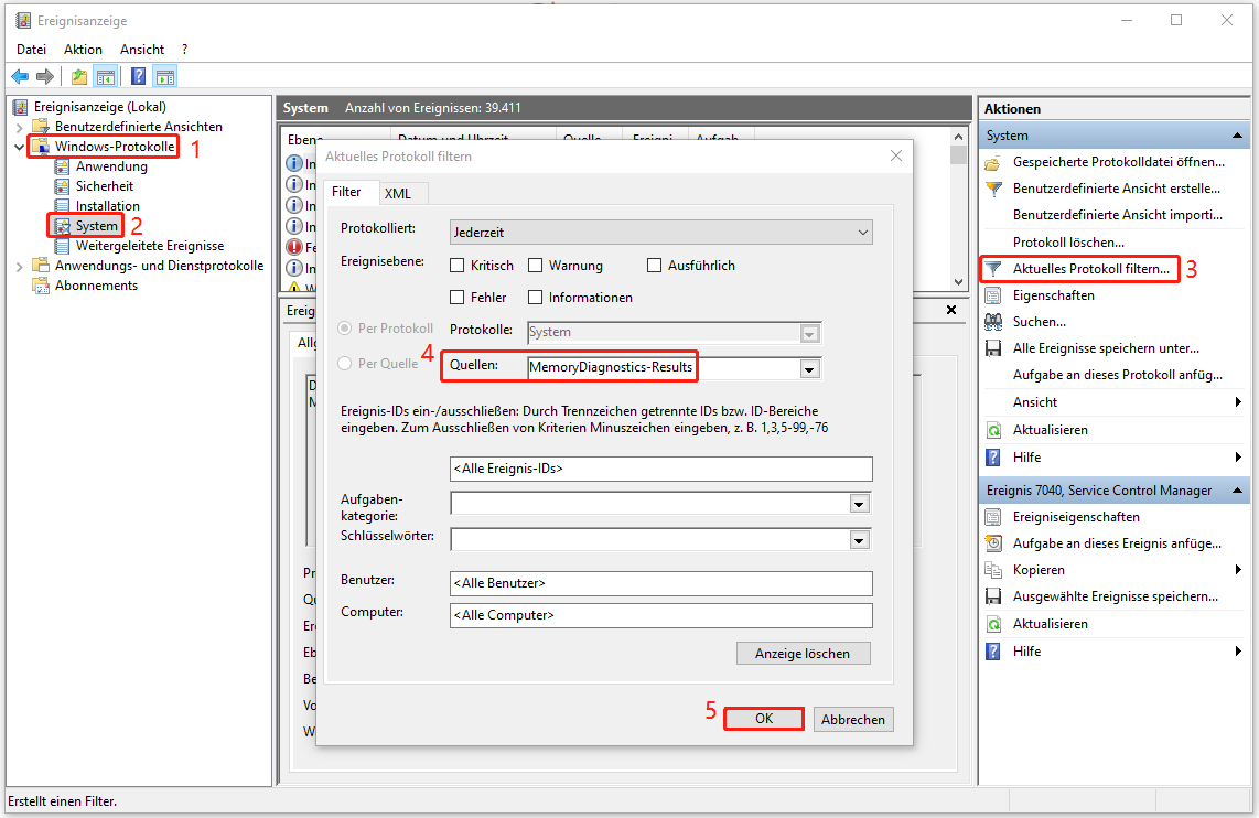 Ein Screenshot zum Anzeigen der Ergebnisse des Speichertests in der Ereignisanzeige.