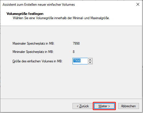 Festlegung der Volumengröße.