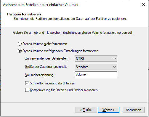 Festlegung des Dateisystems.