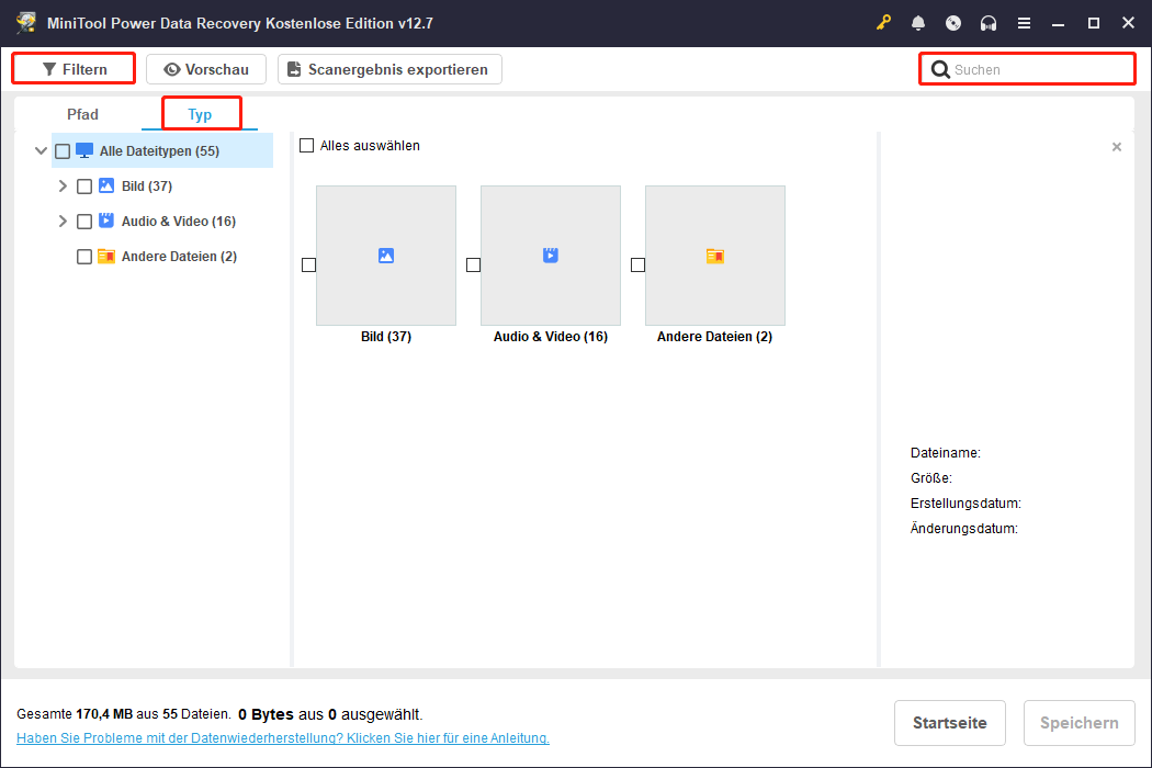 Die Funktionen Filtern, Typ und Suchen in MiniTool Power Data Recovery.