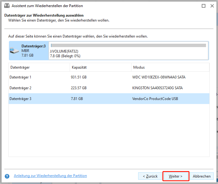 Auswahl des Zieldatenträgers im Assistenten zur Wiederherstellung der Partition.