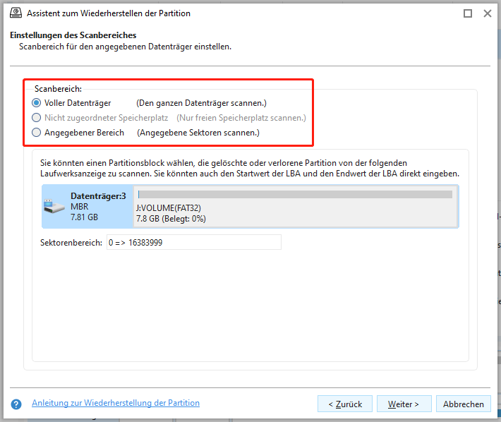 Auswahl eines Scanbereichs im Assistenten zur Wiederherstellung der Partition.