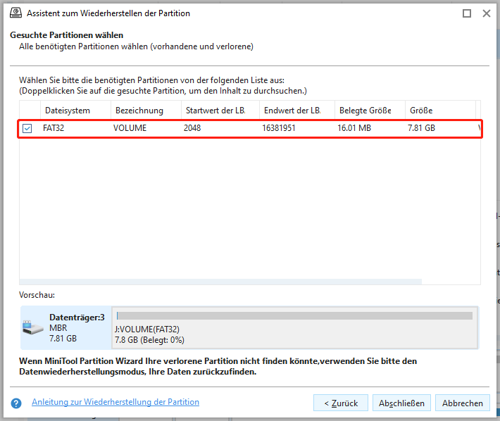 Alle gefundenen Partitionen werden auf der Ergebnisseite aufgelistet. Auswahl der benötigten Partition auf dieser Seite.