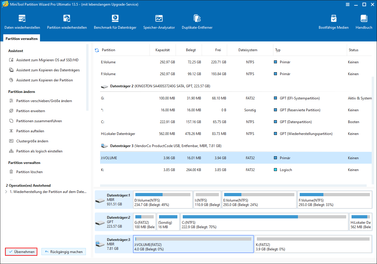 Klick auf Übernehmen, um den Aussetzvorgang in MiniTool Power Data Recovery abzuschließen.