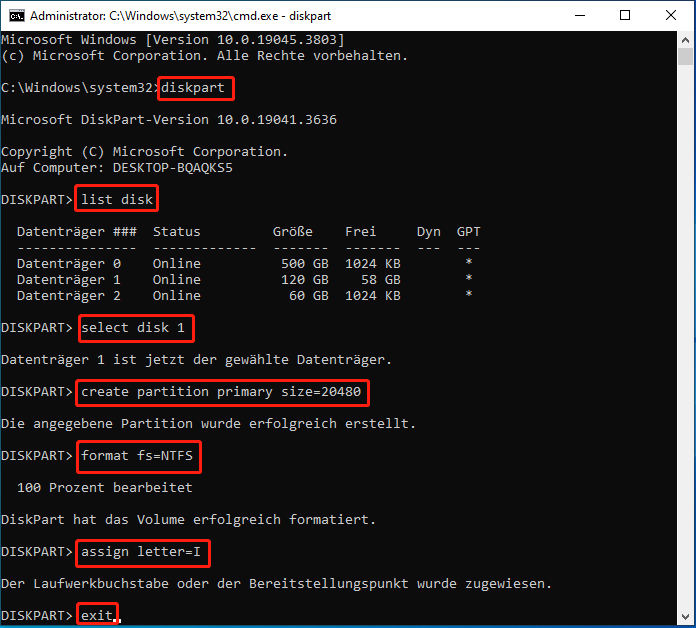Ausführung des Diskpart-Befehls.