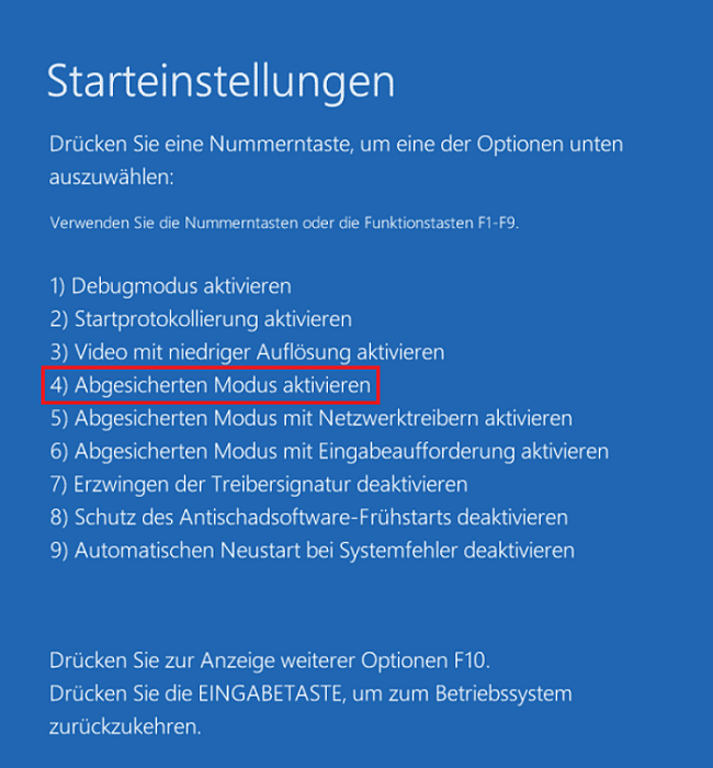 Markierung der Option Abgesicherten Modus aktivieren im Fenster Starteinstellungen.