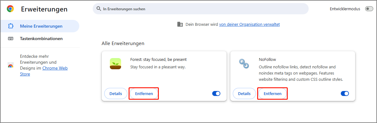 Ein Screenshot über das Entfernen schädlicher Erweiterungen in Google Chrome.
