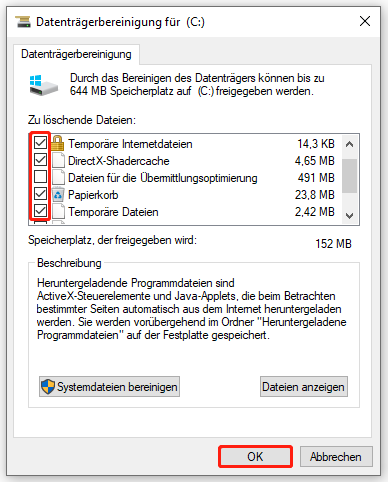 Markierung der zu löschenden Dateien im Fenster Datenträgerbereinigung und der Schaltfläche OK.