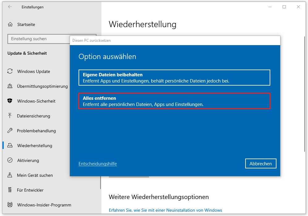 Auswahl der Option Alles entfernen beim Diesen PC zurücksetzen.