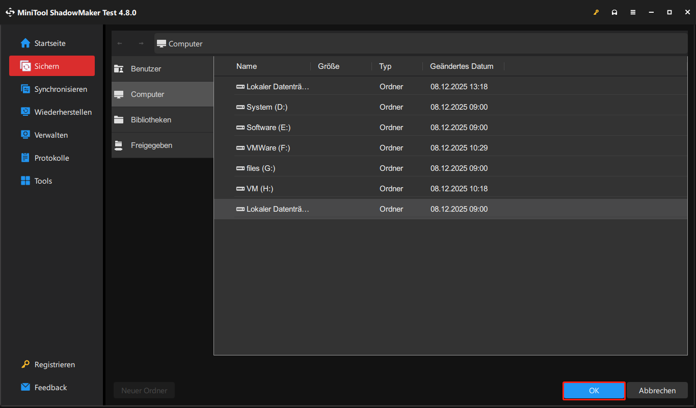 Hervorhebung der ausgewählten Partition als Speicherort für das Backup sowie Markierung der Schaltfläche OK.