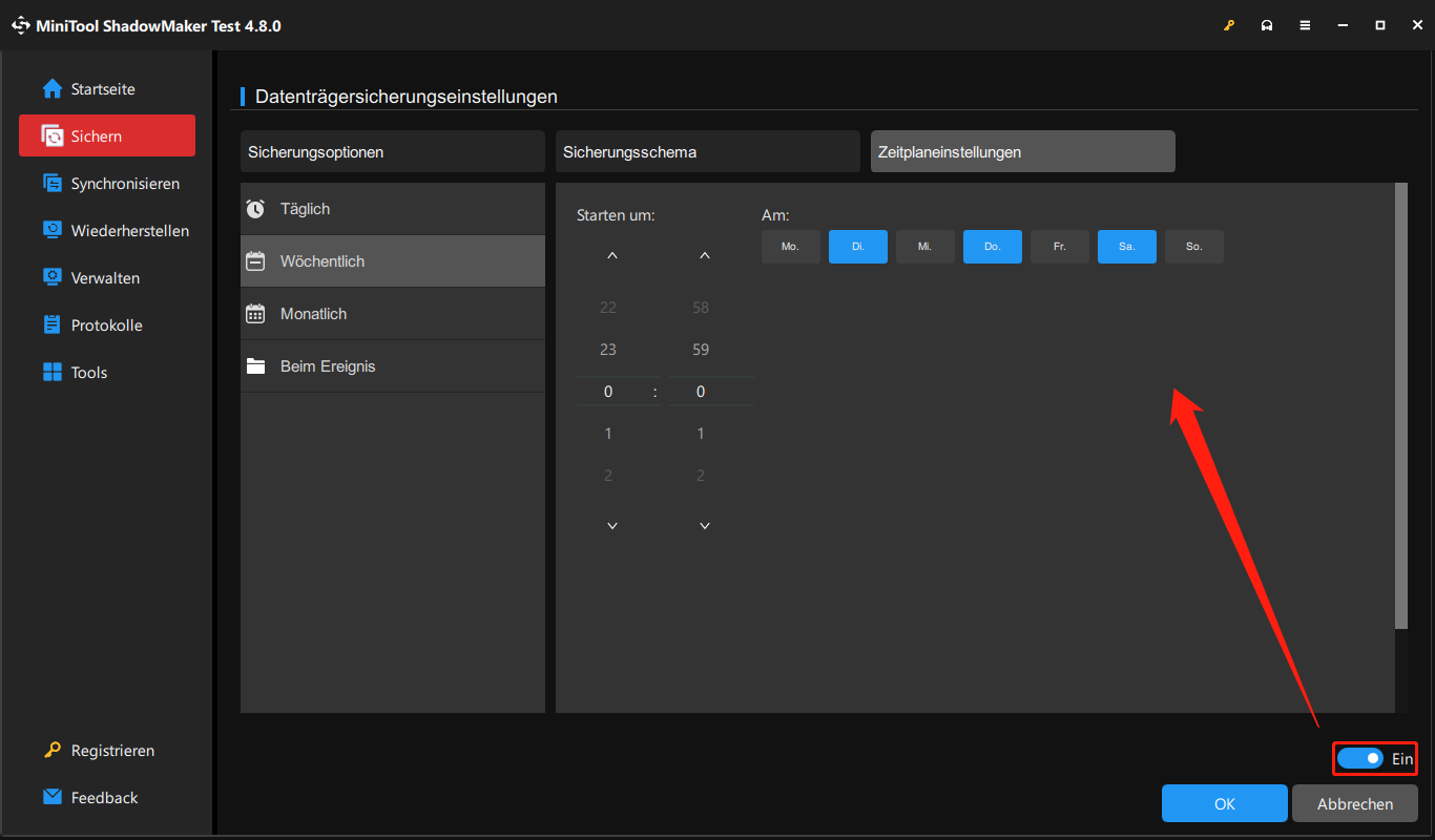 Ein Screenshot über das Konfigurieren eines bestimmten Zeitpunkts für automatische Sicherung in MiniTool ShadowMaker.