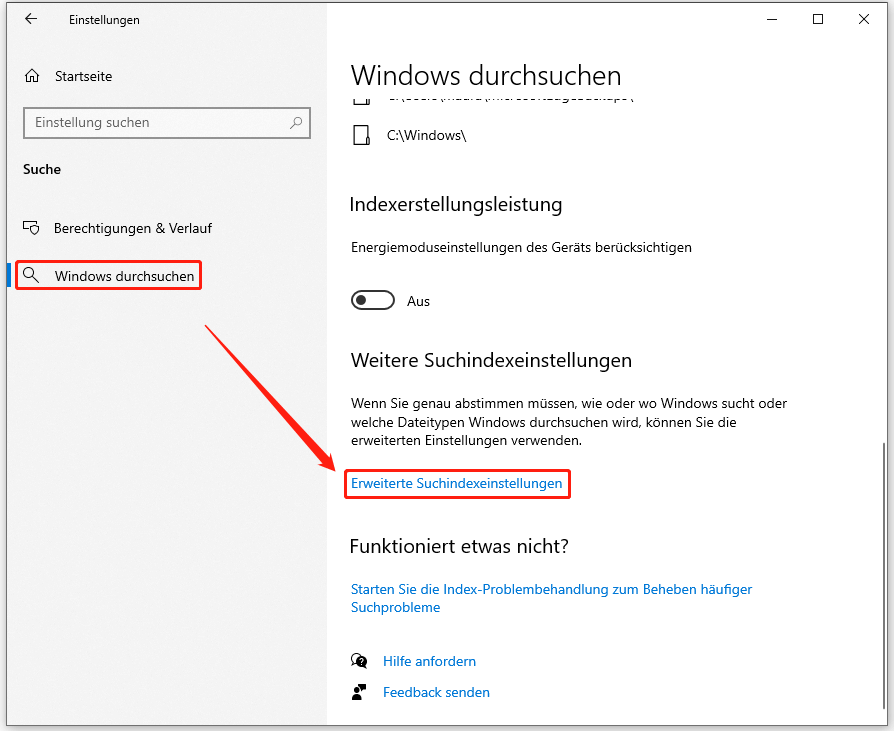 Markierung von Erweiterte Suchindexeinstellungen in den Windows-Einstellungen.