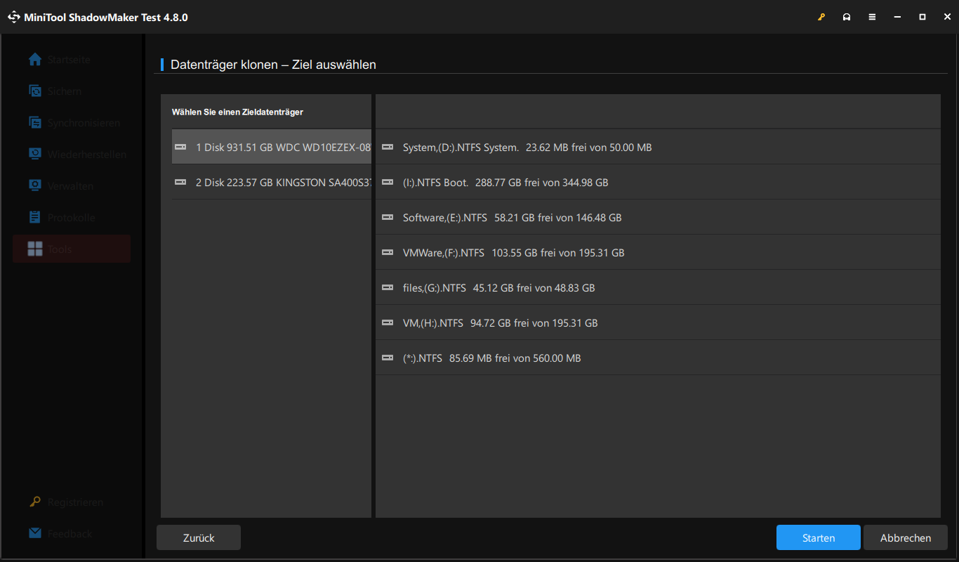 Ein Screenshot zur Auswahl einer SSD als Zieldatenträger in MiniTool ShadowMaker.