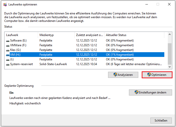 Ein Screenshot zum Defragmentieren eines Laufwerks in Windows 10.