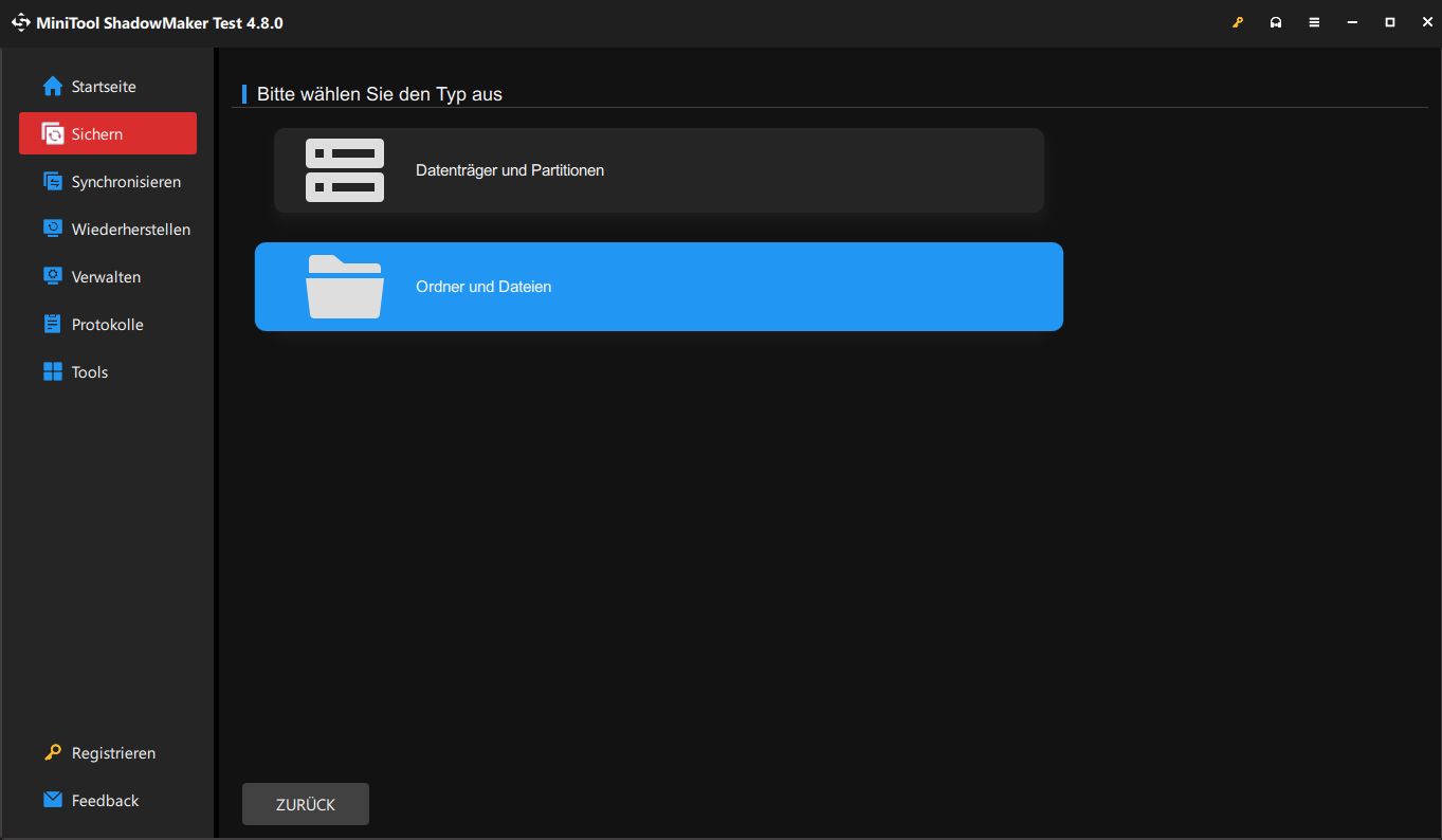 ervorhebung der Option Ordner und Dateien in MiniTool ShadowMaker.
