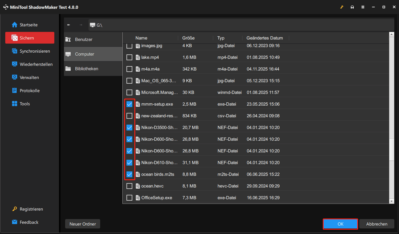 Ein Screenshot der Auswahl der zu sichernden Dateien und der Markierung der Schaltfläche OK in MiniTool ShadowMaker.