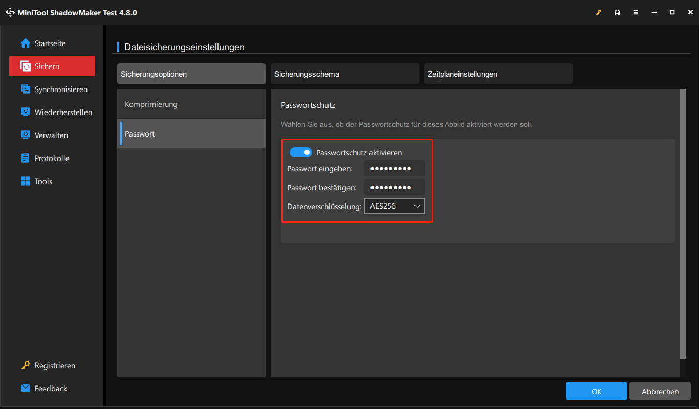 Markierung der Option Passwortschutz für Sicherungsabbilder in MiniTool ShadowMaker.
