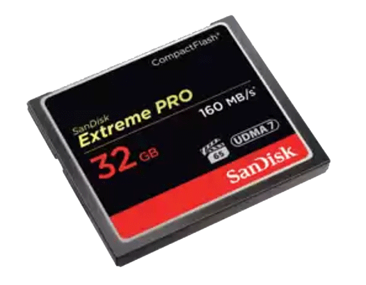SanDisk-CompactFlash-Karte mit 32-GB-Speicherkapazität und einer Lesegeschwindigkeit von 160 MB pro Sekunde.