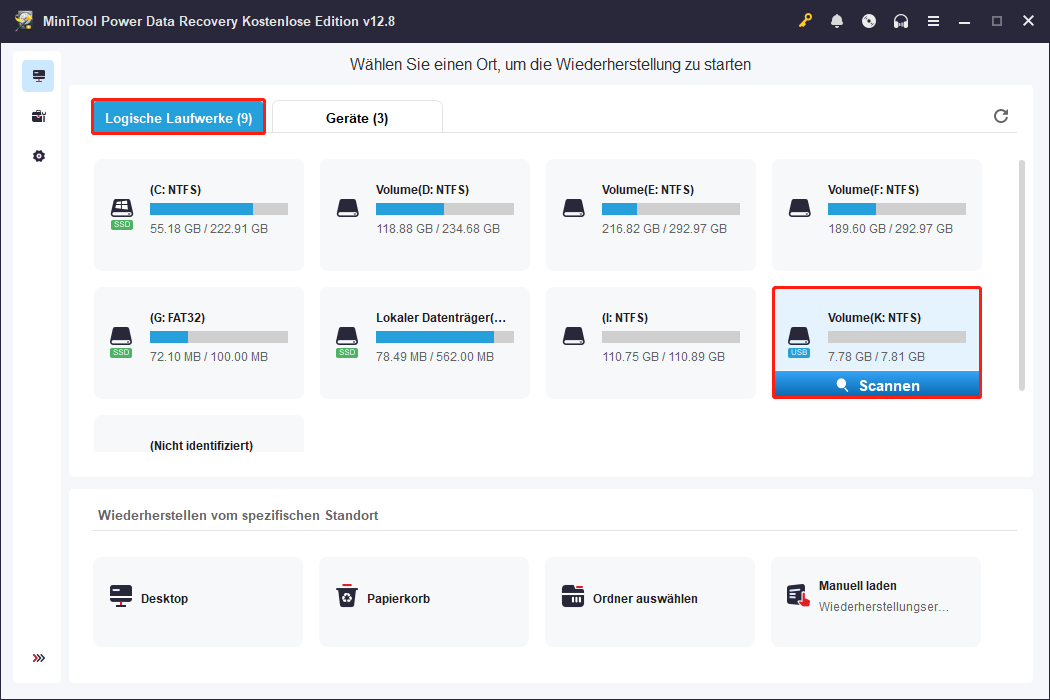 Benutzeroberfläche von MiniTool Power Data Recovery mit ausgewähltem Zieldatenträger und hervorgehobenem Scan-Symbol im Bereich Logische Laufwerke.