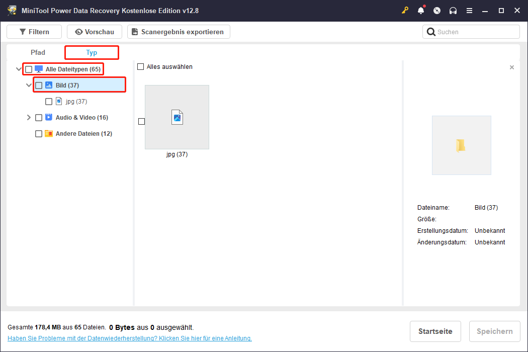 Ergebnisseite des Scans in MiniTool Power Data Recovery mit geöffneter Registerkarte Typ und hervorgehobener Kategorie Bilder.