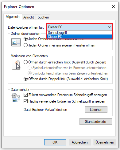 Ein Screenshot zur Auswahl von Dieser PC aus dem Menü Datei-Explorer öffnen für.