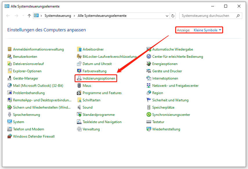 Markierung von Indizierungsoptionen in der Systemsteuerung.