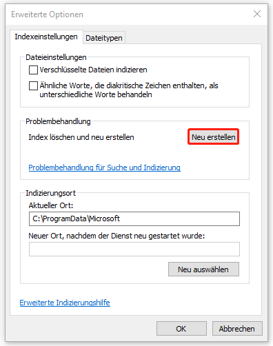 Markierung der Schaltfläche Neu erstellen unter Indexeinstellungen.