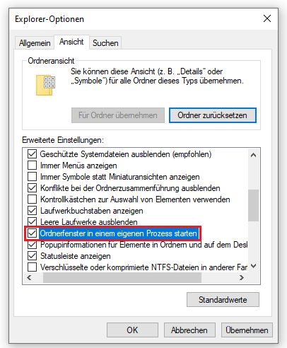 Markierung der Option Ordnerfenster in einem eigenen Prozess starten im Fenster Explorer-Optionen.