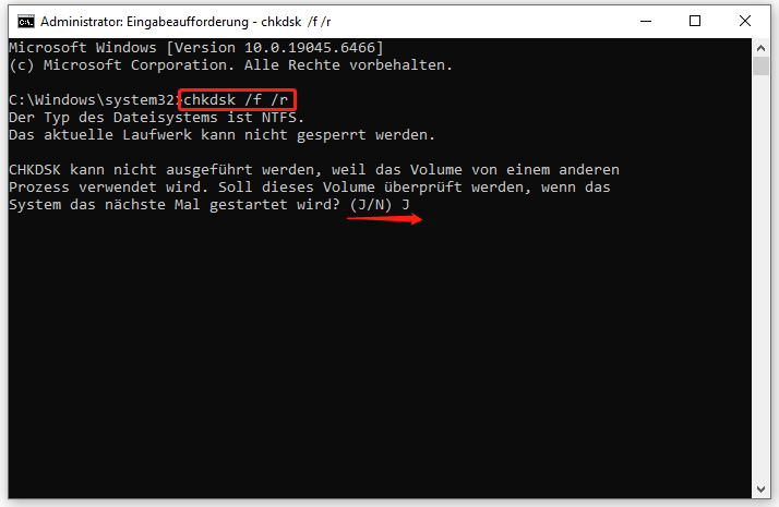 Ein Screenshot zum Ausführen des Befehls chkdsk /f /r im CMD-Fenster.