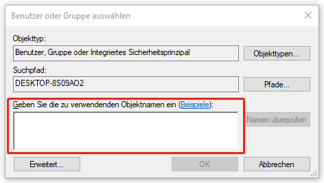 Hervorhebung des Bereichs Geben Sie die zu verwendenden Objektnamen ein.