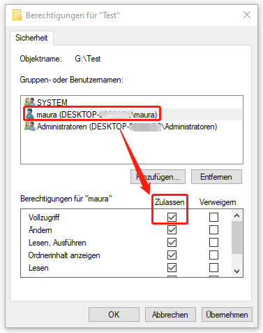 Ein Screenshot zum Festlegen der Berechtigungen eines Benutzerkontos auf Vollzugriff.