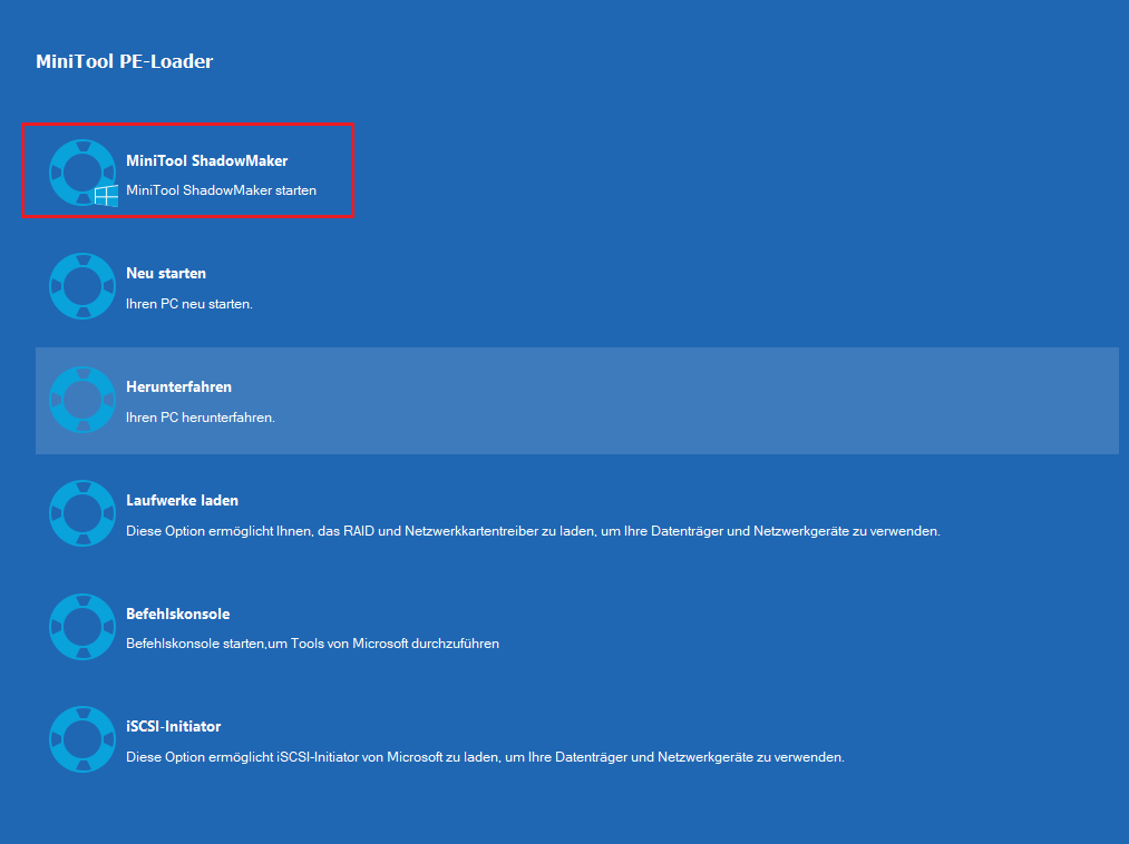 Markierung von MiniTool ShadowMaker auf dem Bildschirm MiniTool PE-Loader.