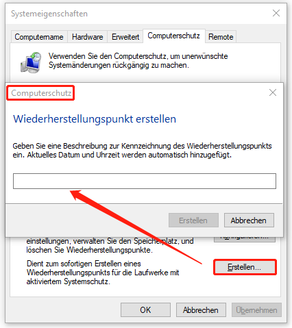 Ein Screenshot über die Erstellung eines Wiederherstellungspunkts im Fenster Computerschutz.