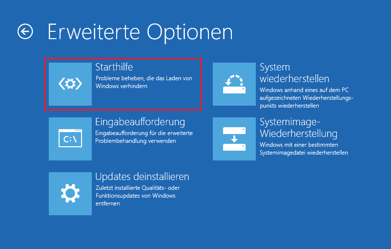 Auswahl der Option Starthilfe auf dem Bildschirm Erweiterte Optionen.